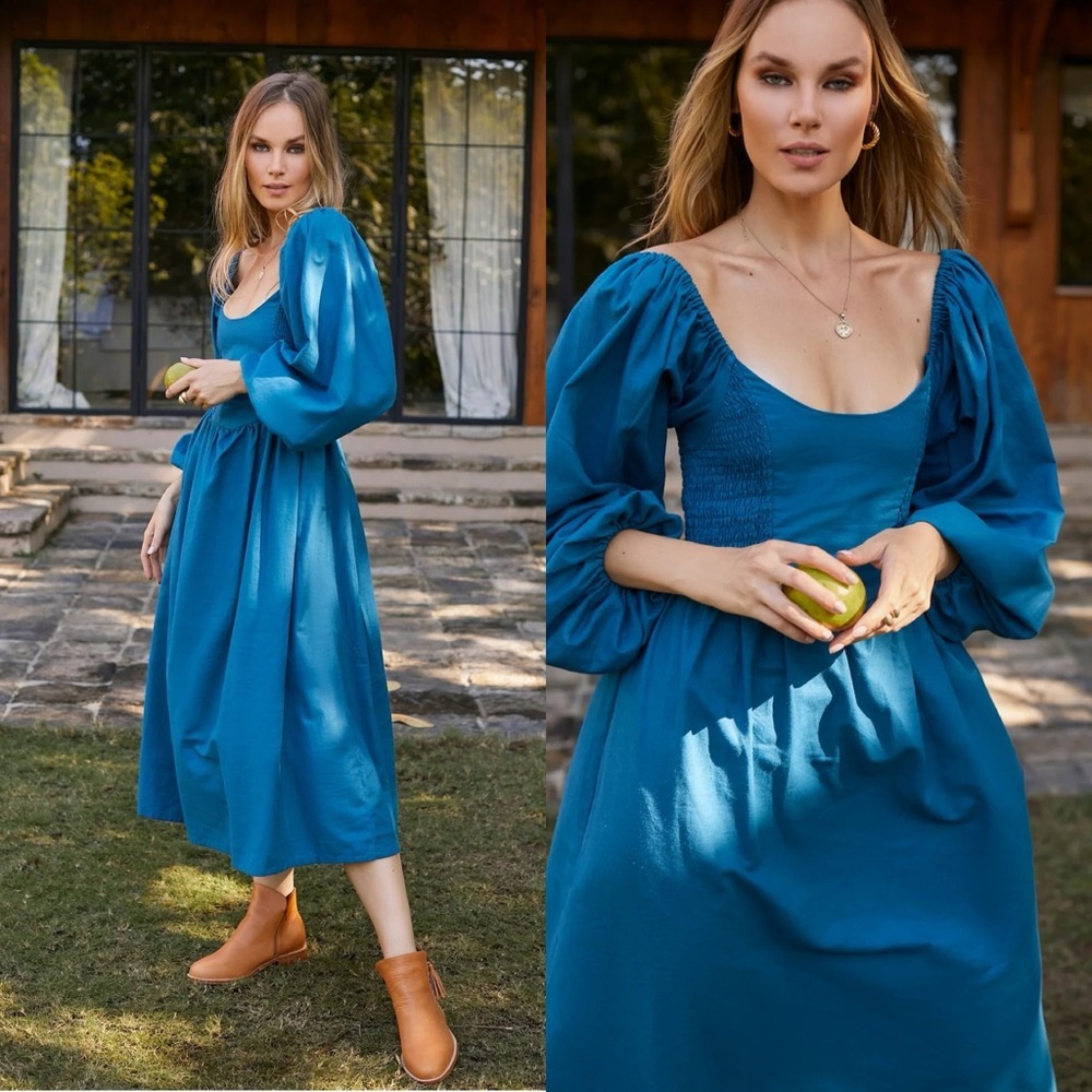 ELF Alila Linen Smocked Linen Midi Dress